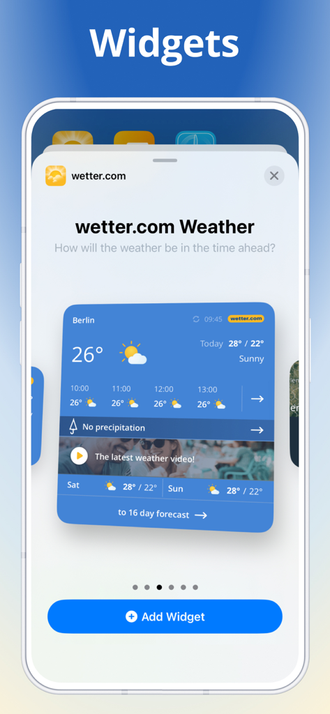 weather 24: Forecast & Radar - Preview of the Weather 24 iOS widget interface showing real time temperature and a 16 day forecast