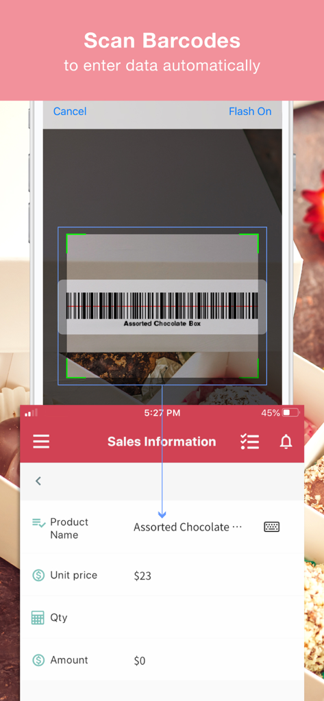 Interfaz del escáner de códigos de barras de la aplicación Ragic que muestra la entrada automática de datos de ventas de un producto