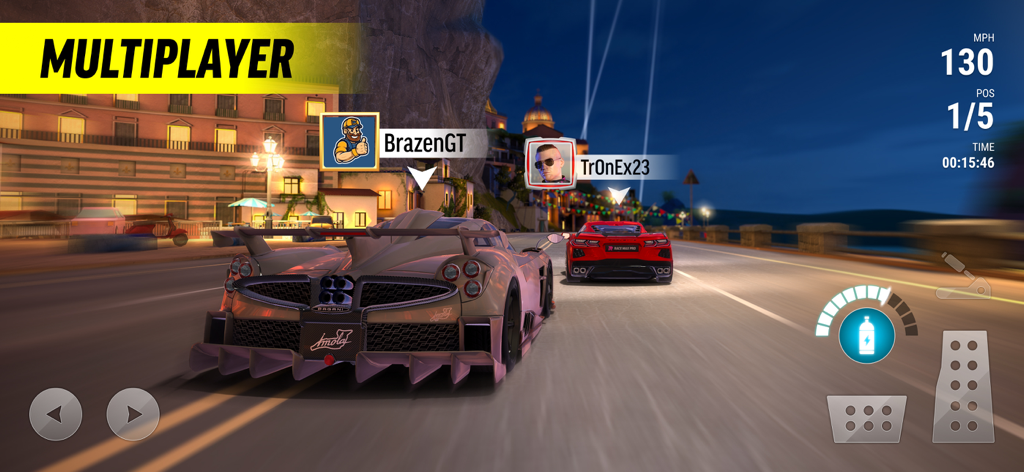 Race Max Pro - Car Racing Game - Dos superdeportivos compitiendo por la noche en el competitivo modo multijugador de Race Max Pro.