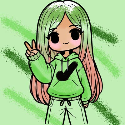 girl with straight down hair wearing a sweater and sweatpants doing the peace sign