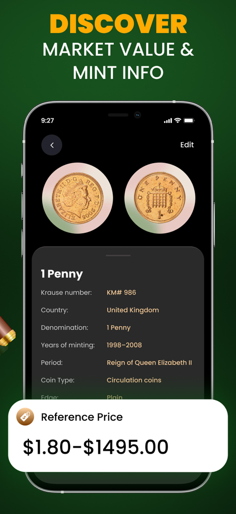 Coin Identifier: Coin ID Scan - Una pantalla de aplicación móvil mostrando el valor de mercado y los detalles de acuñación de una moneda de un penique británico.