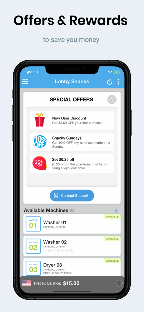 PayRange - Screenshot der PayRange App, die Sonderangebote und eine Liste verfügbarer Wasch- und Trockenmaschinen in einer Lobby anzeigt.