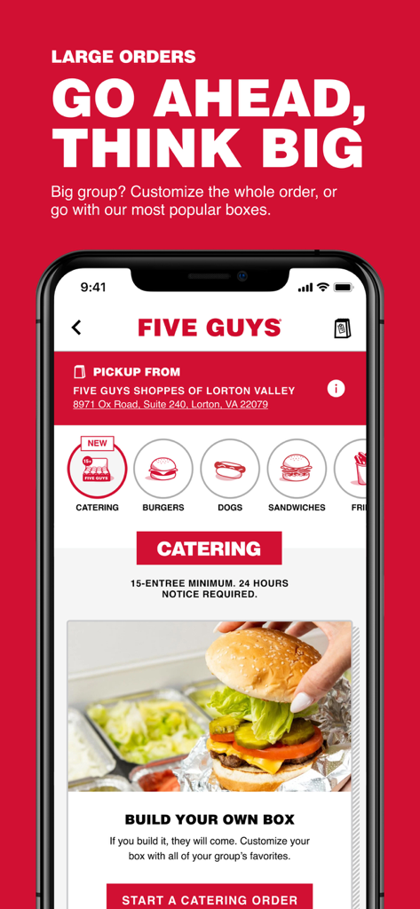 Five Guys Burgers & Fries - Pantalla del menú de catering y pedidos grandes de la aplicación móvil de Five Guys