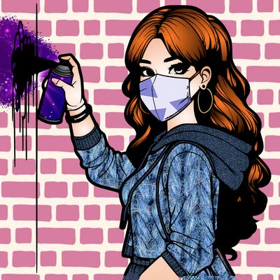 realistic girl with mask spray painting a wall
