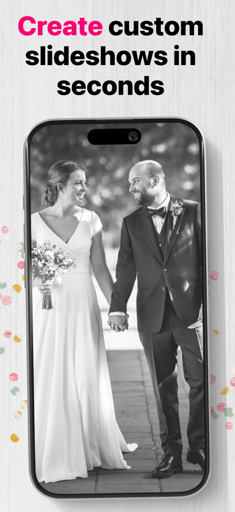 デジタルフォトフレームスライドショーアプリ内で白黒の結婚写真を表示するiPhone画面