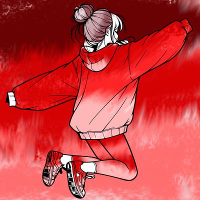 realistic girl jumping with a bun and oversized sweatshirt