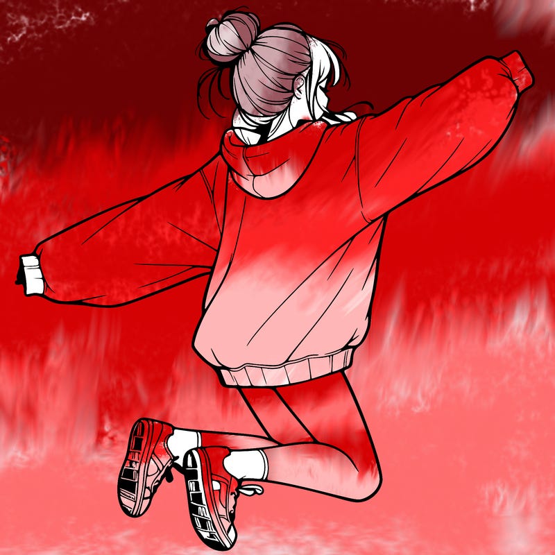 realistic girl jumping with a bun and oversized sweatshirt
