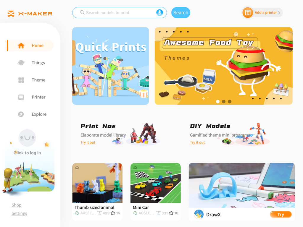 XMAKER HD - XMAKER HD home screen interface showcasing a library of 3D printable models and educational themes for kids