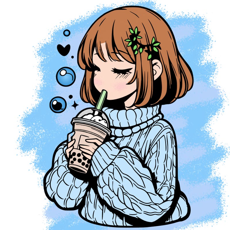 manga girl drinking boba in cozy sweater