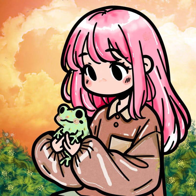 girl with long hair and a oversized shirt. and she is holding a frog