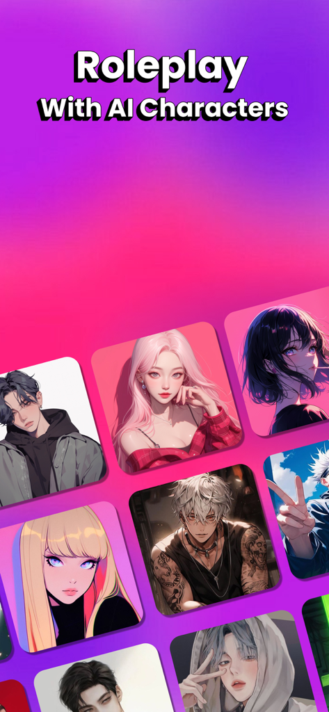 A grid of various anime style AI character portraits for roleplaying on the Soulplay app