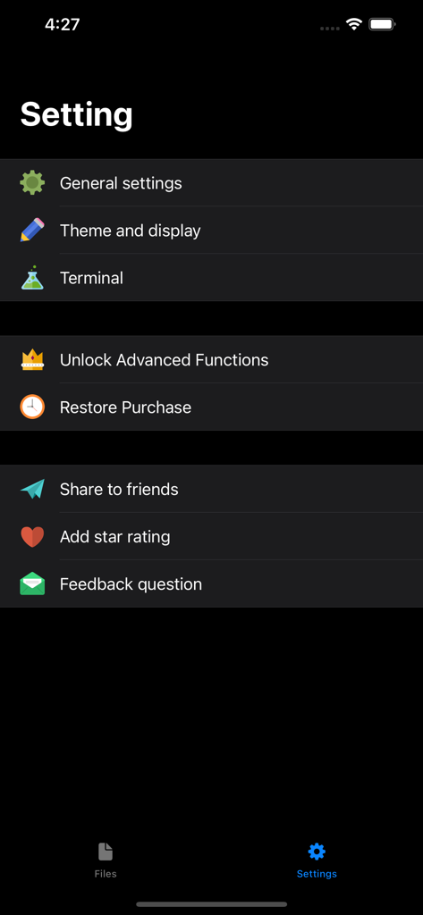 Settings menu of the C Shell mobile compiler app showing options for general settings, theme, and terminal configurations.