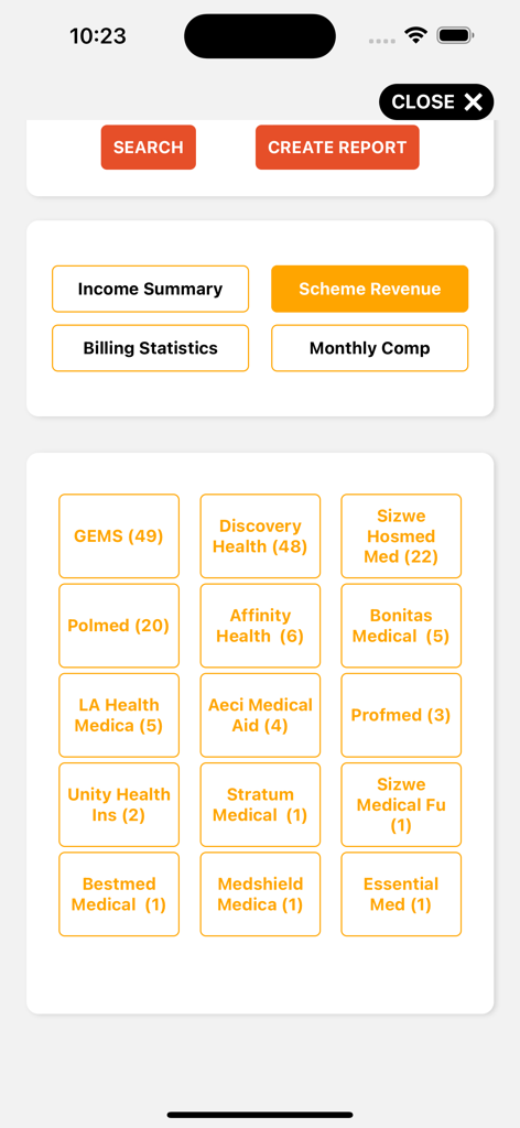 MedisConnect - MedisConnect app interface displaying medical insurance scheme revenue reports with claim totals.