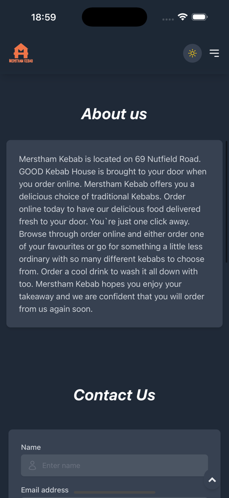 Merstham Kebab House - The About Us and Contact Us page of the Merstham Kebab House mobile application