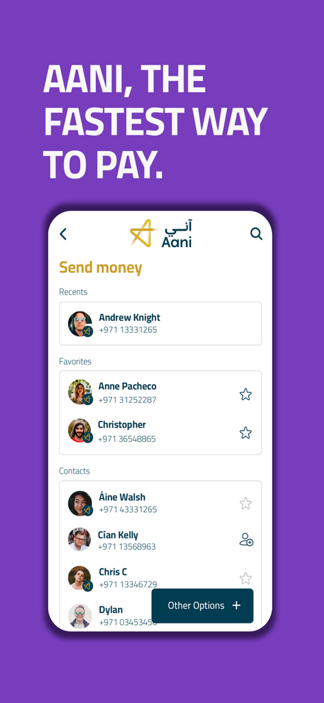 Aani mobile app send money screen showing a contact list for quick payments