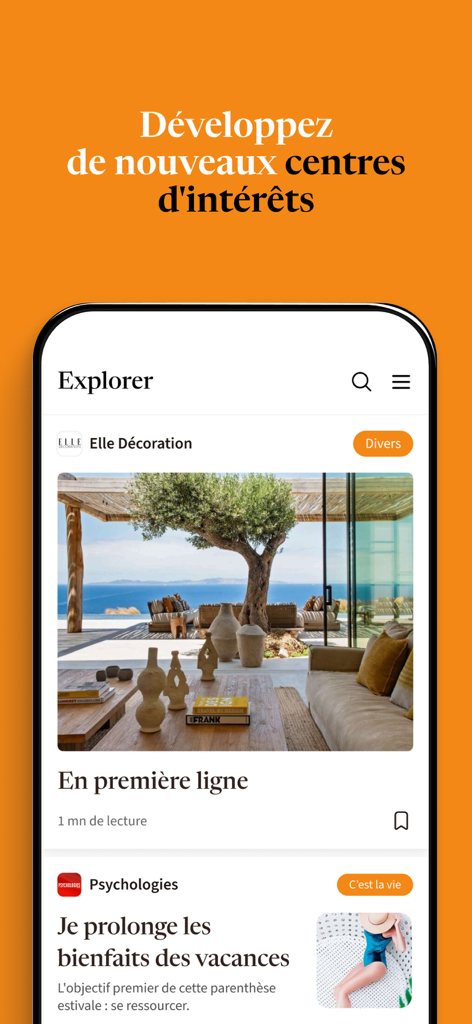 Interfaz de la aplicación ePresse mostrando artículos destacados de revistas francesas en la pestaña Explorar.