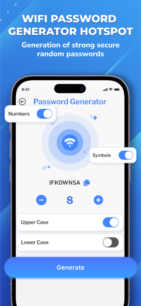 WiFi Password - WiFi Scan - Une interface mobile pour générer des mots de passe WiFi aléatoires forts et sécurisés avec des paramètres personnalisés pour les chiffres et les symboles.