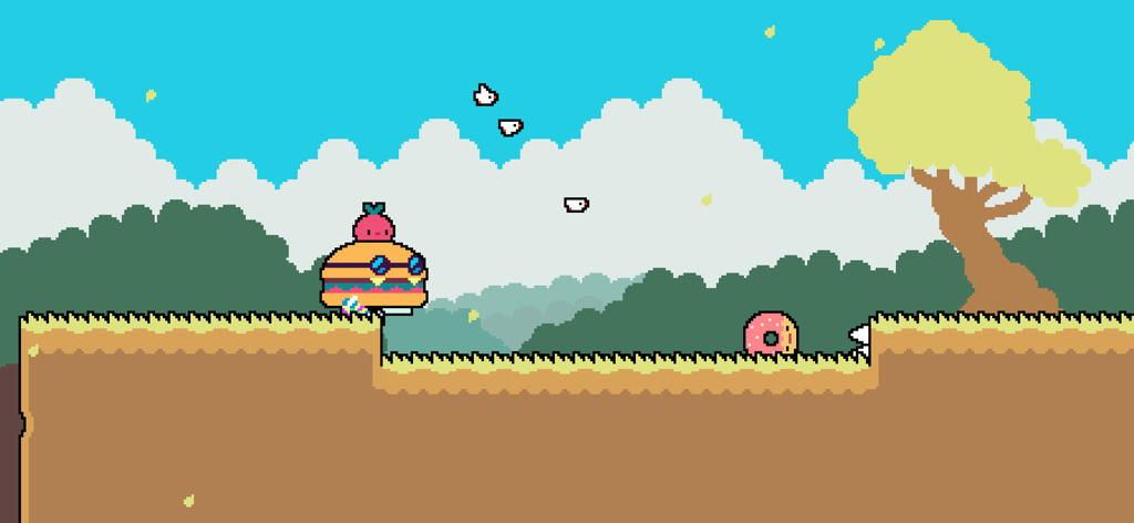 Dadish riding a giant hamburger in a pixel art platformer level.