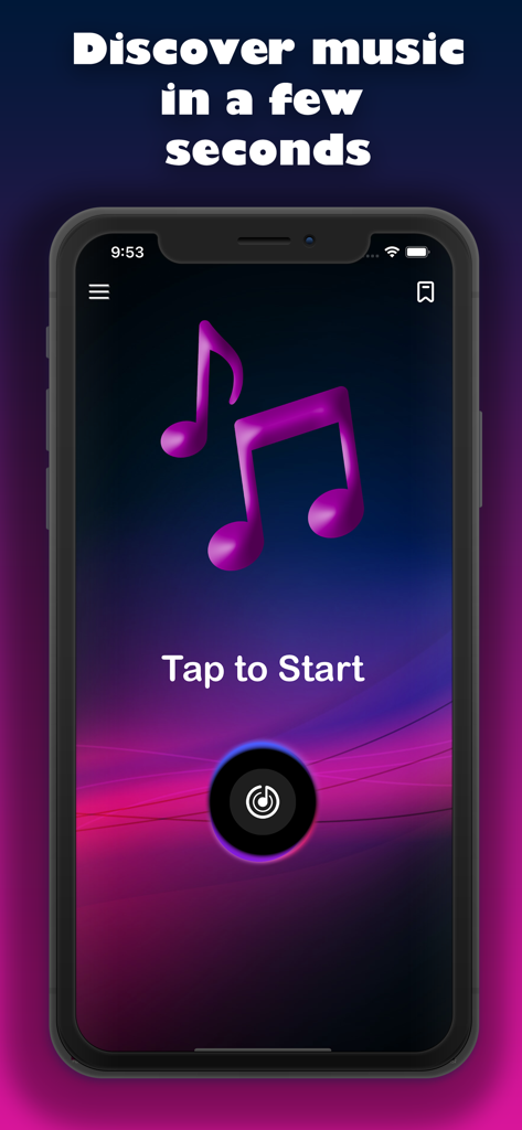 「曲を特定」アプリのホーム画面。音楽認識インターフェースと「開始するにはタップ」ボタンが表示されています