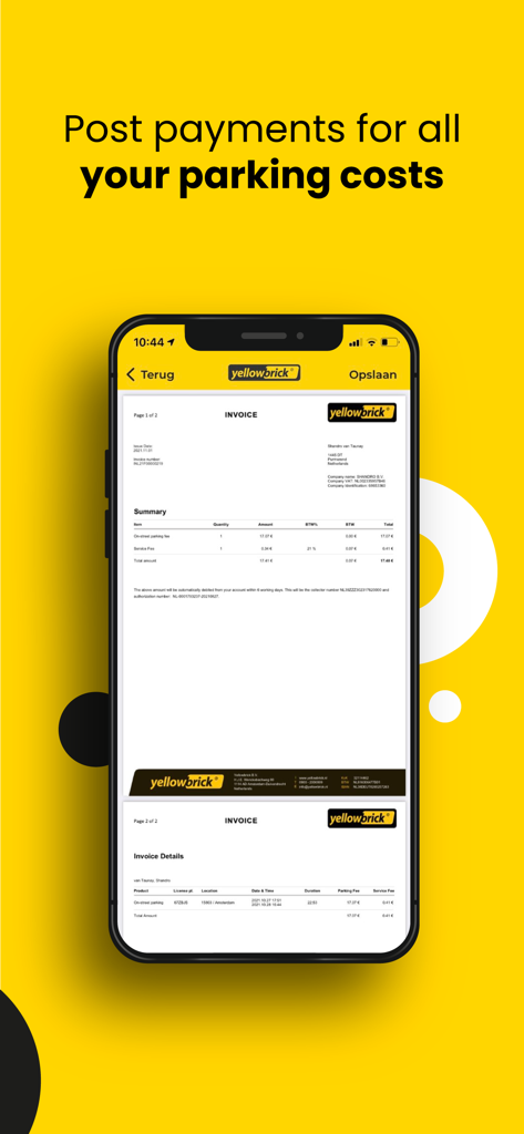 Yellowbrick Parking - A smartphone screen displaying a digital parking invoice and cost summary within the Yellowbrick Parking app.