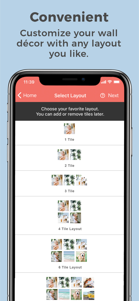 FreePrints Photo Tiles - App-Bildschirm, der verschiedene Layout-Optionen für Fotofliesen zur individuellen Wanddekoration zeigt.