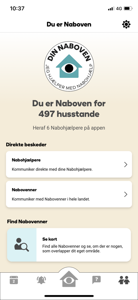 Nabohjælp - 世帯統計とメッセージオプションを示すNabohjaelpアプリのネイバーフレンドダッシュボード。