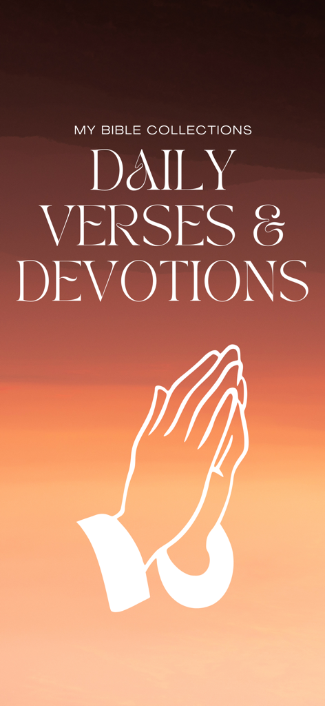 Bible: Read KJV, Study & Audio - KJV Bible app screen displaying Daily Verses and Devotions with a praying hands illustration over a sunset gradient background