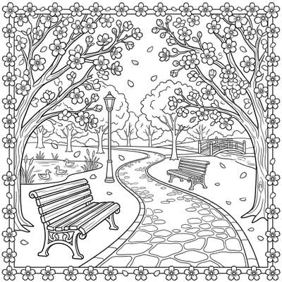 Step into a picturesque park adorned with delicate cherry blossoms, offering a peaceful escape for your creative mind. This intricate coloring page invites you to bring the beauty of spring to life with your favorite hues.