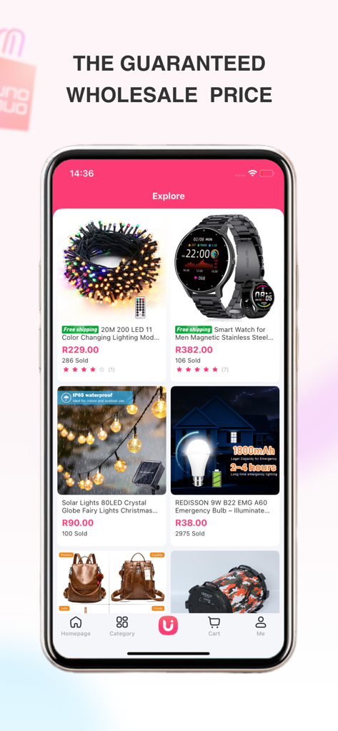 UNOUNO - Shopping Online - Interface do aplicativo de compras UnoUno exibindo vários eletrônicos e acessórios com etiquetas de preço de atacado