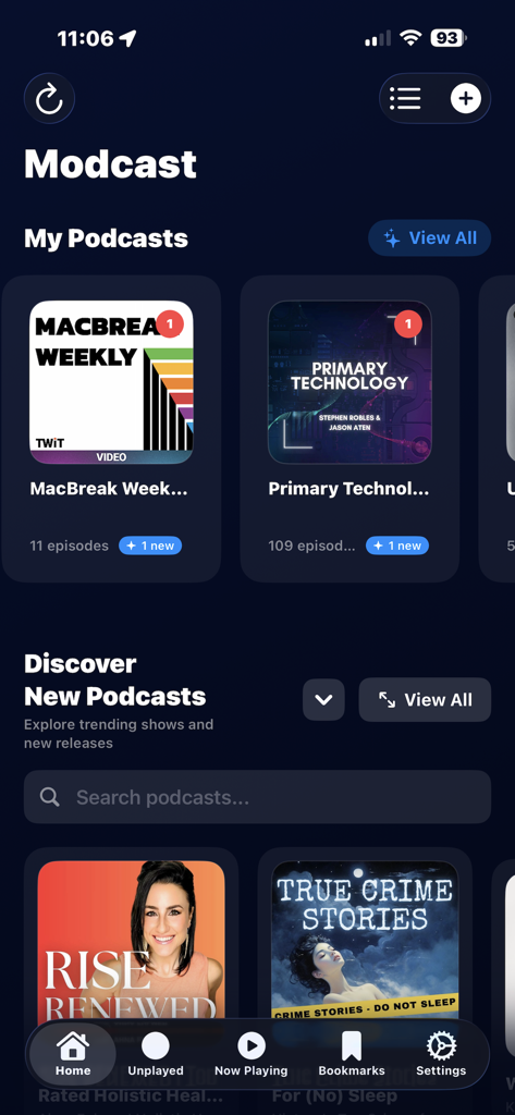 The Modcast app home screen displaying podcast subscriptions and a discovery section in a dark minimalist interface