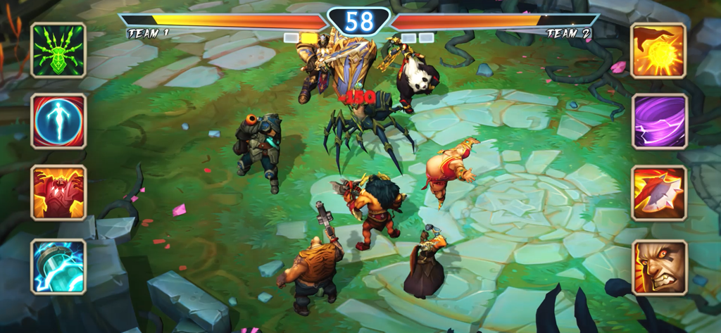 Strategic battle scene in Juggernaut Wars featuring hero teams and ability icons