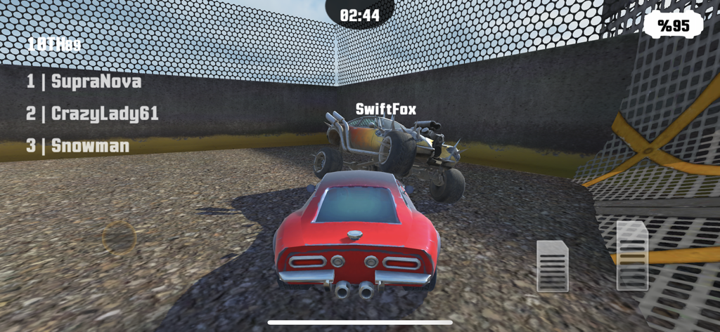 Car Crash Battle Arena 2021 - A red car faces off against a buggy in a demolition derby arena gameplay scene