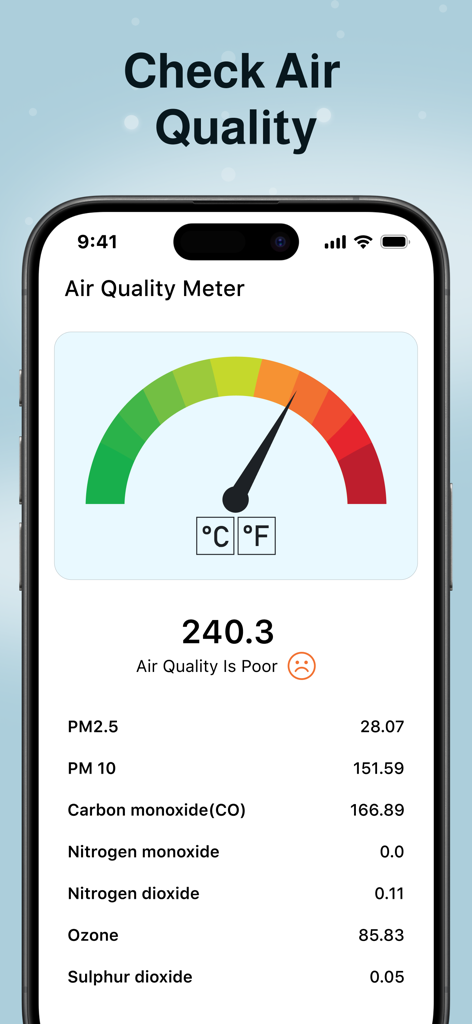 iPhone screenshot of the Room Temperature Thermometer app showing an air quality meter with a gauge indicating poor air quality and a detailed list of pollutants like PM2.5 and CO.