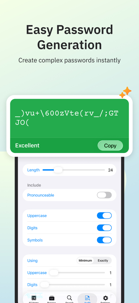 Enpass Password Manager - Enpass mobile app screen for generating complex passwords with custom length and character settings.