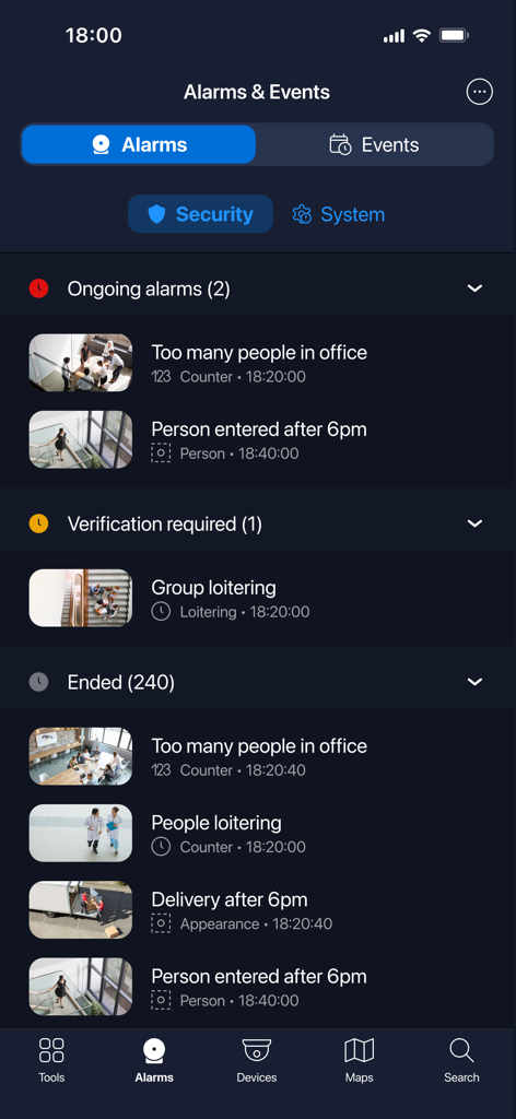 Alta Video - Alta Video app dashboard showing a list of security alarms and AI detected events.