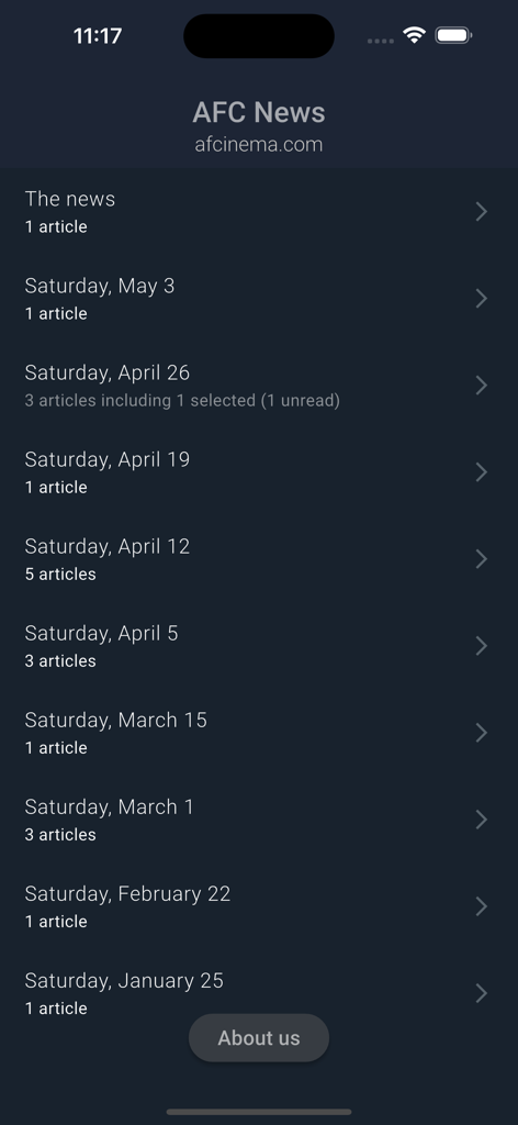 AFCNews app interface showing a chronological list of cinematography articles organized by date