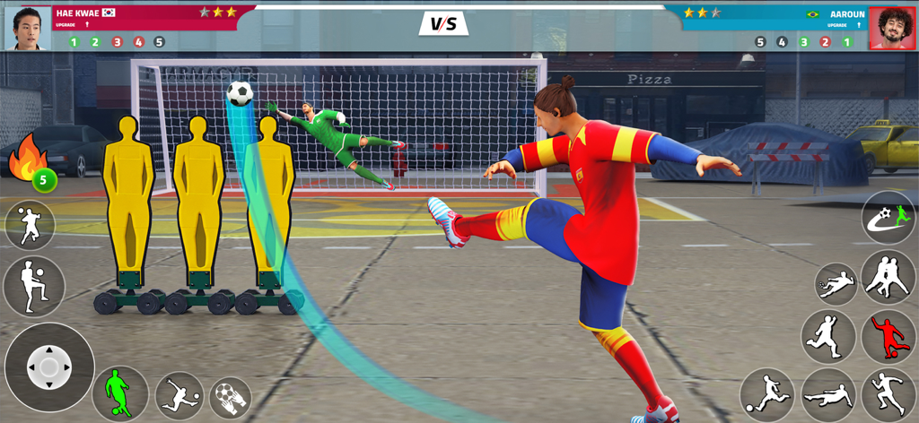 Street Soccer Cup 2026 - Jugabilidad de Street Soccer Cup 2026 que muestra a un jugador ejecutando un tiro libre sobre muñecos de entrenamiento en una cancha callejera urbana.