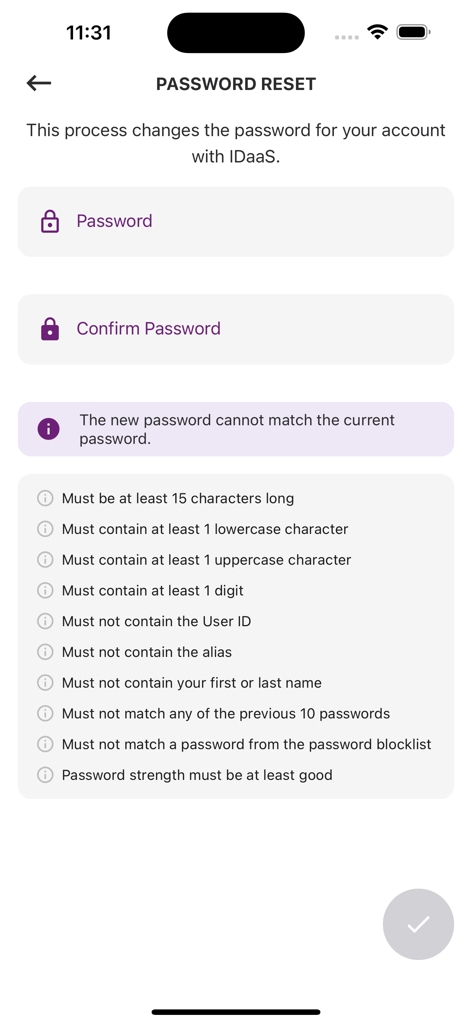 Entrust Identity - Pantalla de restablecimiento de contraseña en la aplicación Entrust Identity con una lista de requisitos de seguridad