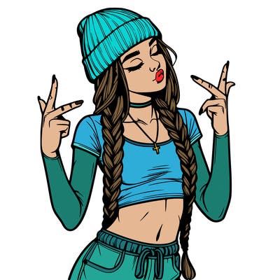 realistic teenage girl with braids and a beanie and crop top doing 🫶🏼