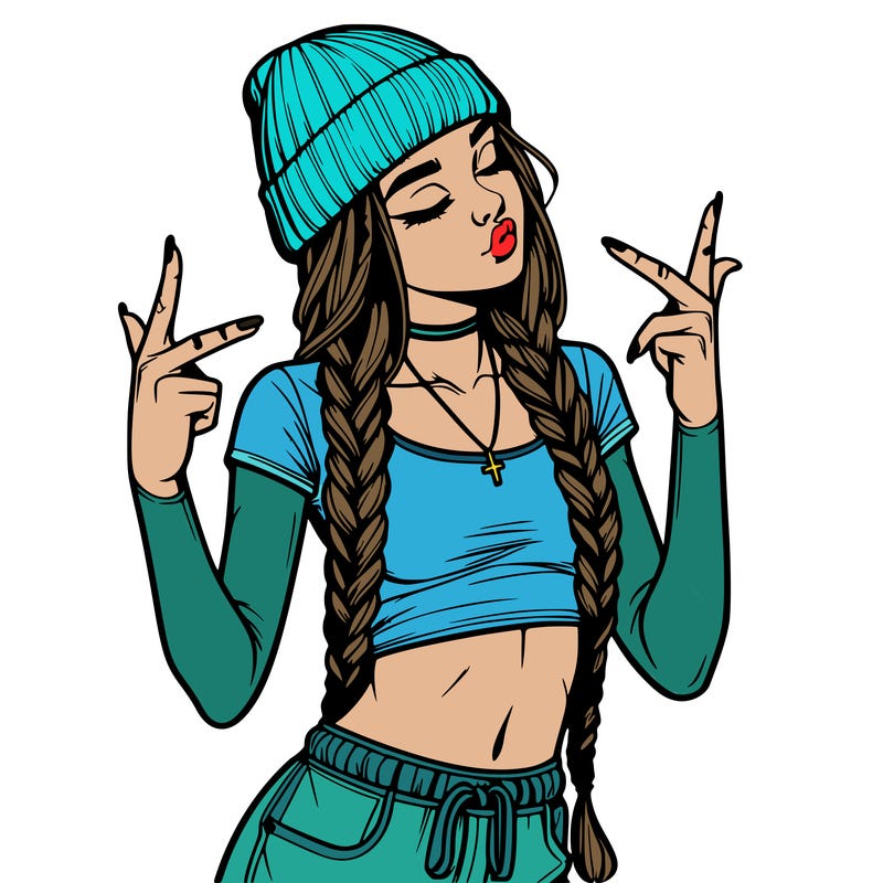 realistic teenage girl with braids and a beanie and crop top doing 🫶🏼