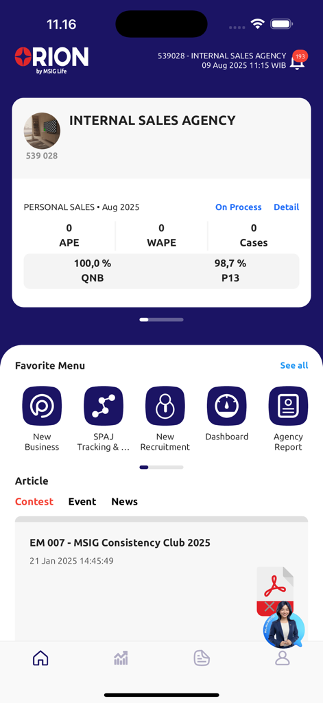 ORION by MSIG Life - Dashboard of ORION by MSIG Life app showing sales statistics and agent menu options