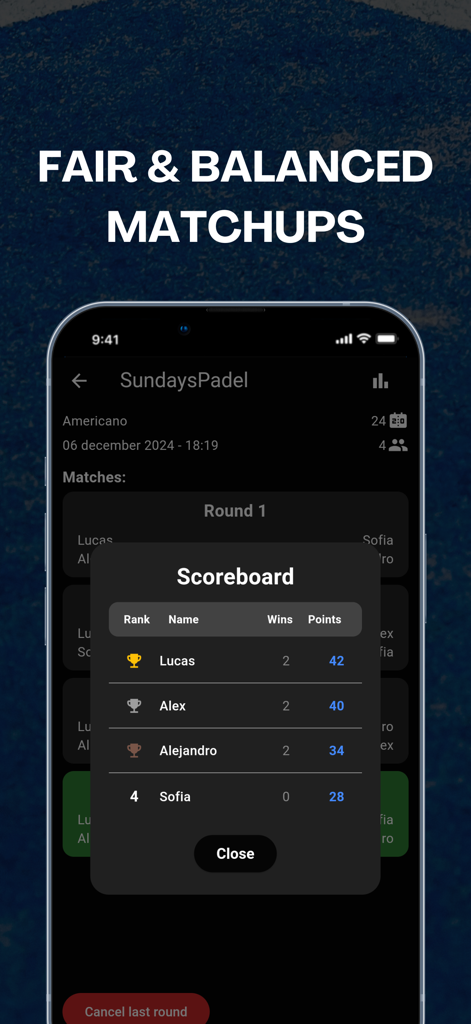 Padel Master - Americano - Marcador con clasificaciones de jugadores y puntos para un torneo de pádel