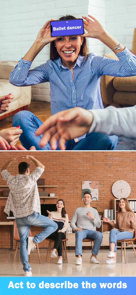 Party Charades: Guessing Game - A group of friends playing a charades game where one person acts out ballet dancer while another holds a phone on their forehead