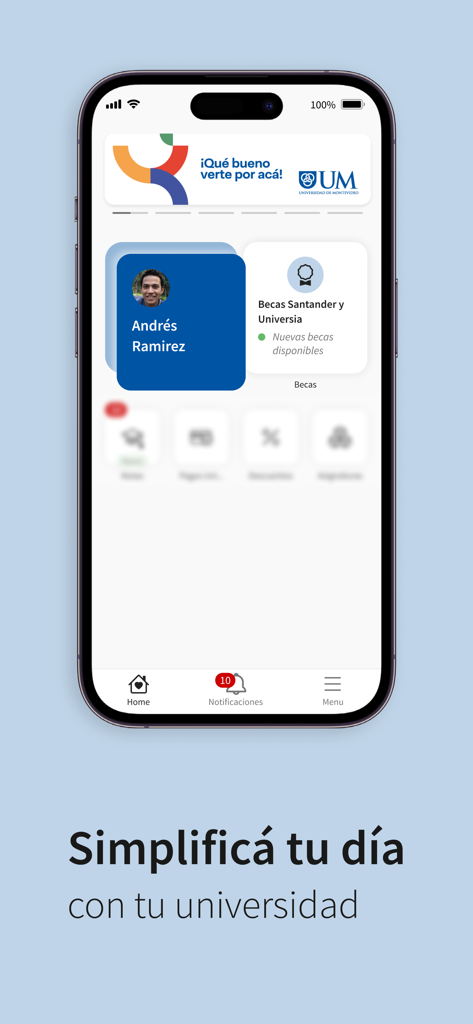 UM Campus Digital - Interface do aplicativo UM Campus Digital mostrando um perfil de estudante e informações sobre bolsas de estudo universitárias