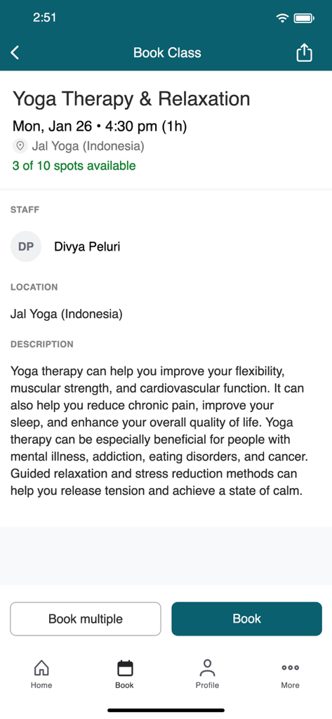Jal Yoga - Jal Yoga mobile app screen showing booking details for a Yoga Therapy and Relaxation class