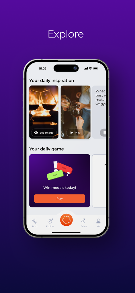 VINFINITY - La pestaña Explorar de la aplicación Vinfinity que muestra inspiración de vinos y educación gamificada diaria.