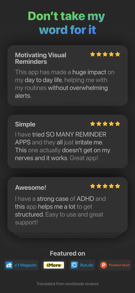 Reminder Widget by Mindr - Mindr 미리 알림 위젯 앱에 대한 긍정적인 사용자 리뷰 및 미디어 기능을 보여주는 스크린샷