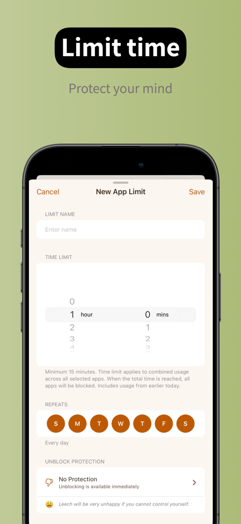 App Time Limit: Screen Leech - Interface of Screen Leech app showing how to set a new daily time limit for mobile applications.