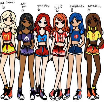 a group of girls wearing crop tops and shorts