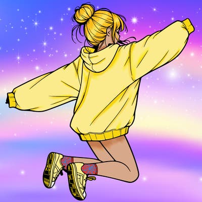 realistic girl jumping with a bun and oversized sweatshirt